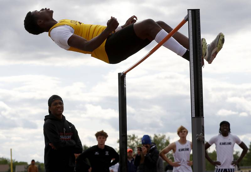 Jacobs’ Khristos Oludimu competes in the high jump during the Huntley IHSA Class 3A Boys Sectional Track and Field Meet on Thursday, May 22, 2025, at Huntley High School.