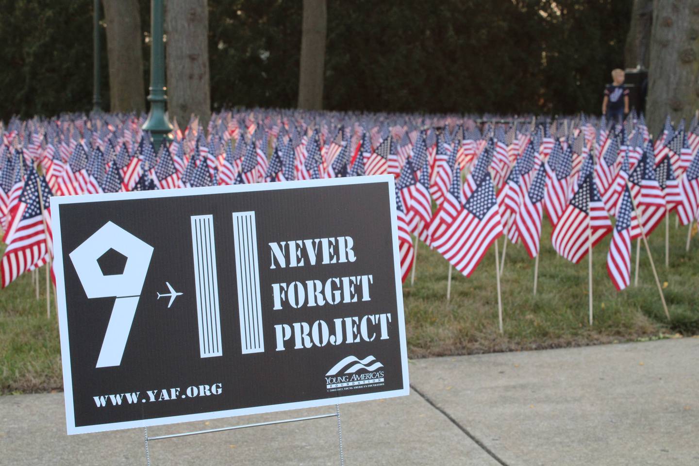 In commemoration of 9/11 in 2021, the grounds of the Reagan Boyhood Home in Dixon are adorned with United States flag as part of the Never Forget Project of Young America's Foundation.