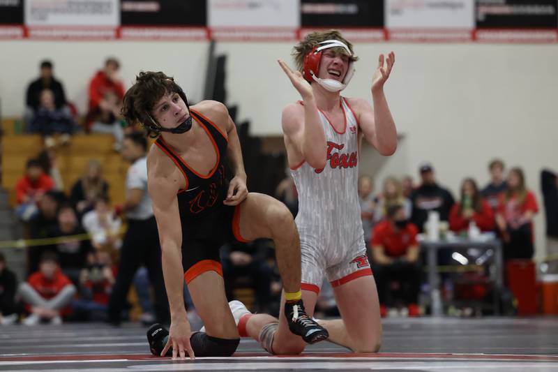 Yorkville’s Jack Ferguson celebrates a win over Lincoln-Way West’s Karter Guzman in the Illini Classic 132 weight championship match at Lincoln-Way Central.
