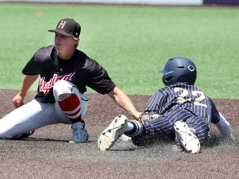 Lemont's Matt Devoy steals second as Highland's Trey Koishor applies the late tag during their Class 3A state semifinal game Friday, June 7, 2024, at Duly Health and Care Field in Joliet.