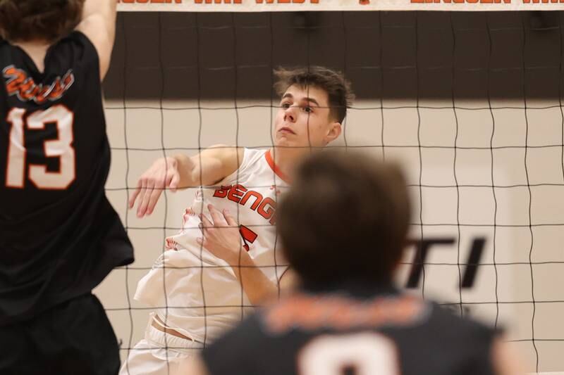 Plainfield East’s Nathan Grutza hits a shot against Lincoln-Way West on Wednesday, March 22nd. 2023 in New Lenox.