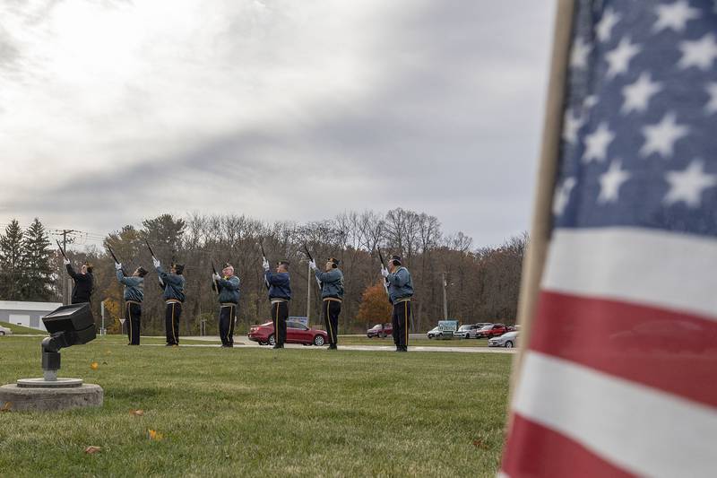 A rifle volley is performed to honor those who served Tuesday, Nov. 11, 2025, in recognition of Veterans Day in Dixon.