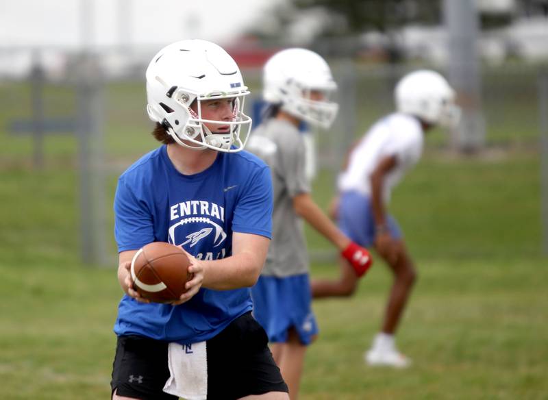 Burlington Central’s Jackson Alcorn handles the ball during the first official practice of the season on Monday, Aug. 8, 2022.