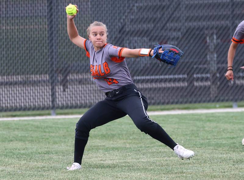 DeKalb's Jeanne Howard gets the ball back into the infield Tuesday, May 19, 2026, during their Class 4A regional game against Harlem at DeKalb High School.