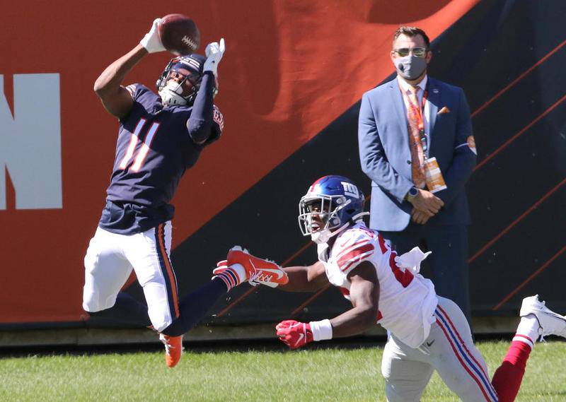 Chicago Bears receiver Darnell Mooney makes the touchdown catch in front of Giants cornerback Corey Ballentine during their game Sunday at Soldier Field in Chicago.