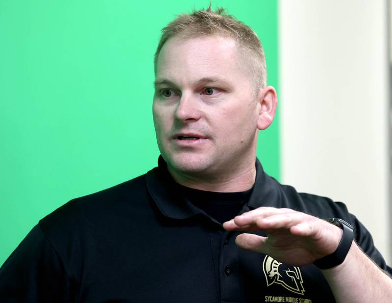 Kevin Boltz, career and technical education teacher at Sycamore Middle School, talks Friday, April, 11, 2025, in the TV and productions studio at the school, about the equipment that they have been able to purchase through grants they have received.