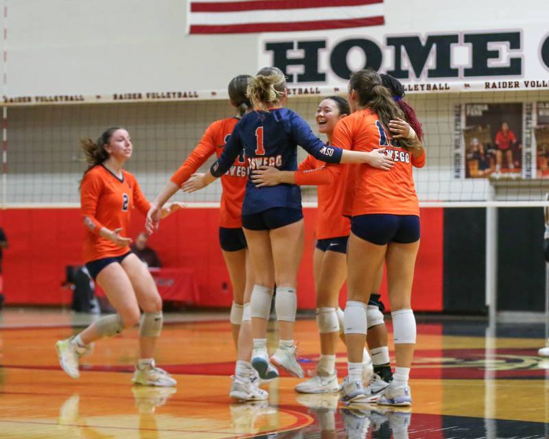 Oswego celebrates the win over Joliet West for the Class 4A Bolingbrook Sectional semifinal match.  Nov 5, 2024  in Bolingbrook.
