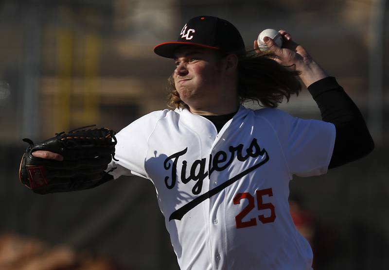 Crystal Lake Central’s Buzz Mackie throws a pitch during a non-conference baseball game Tuesday, March 15, 2022, between Crystal Lake Central and Barrington at Barrington High School.