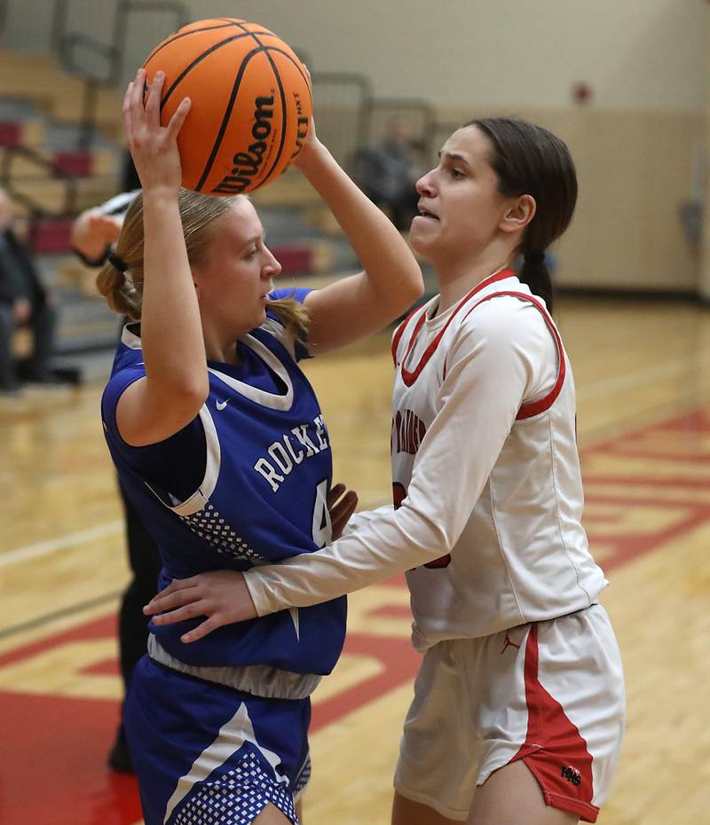 Burlington Central's Ashley Waslo is guarded by Huntley's Alyssa Borzych during a Fox Valley Conference girls basketball game on Tuesday Jan. 13, 2026, at Huntley High School.
