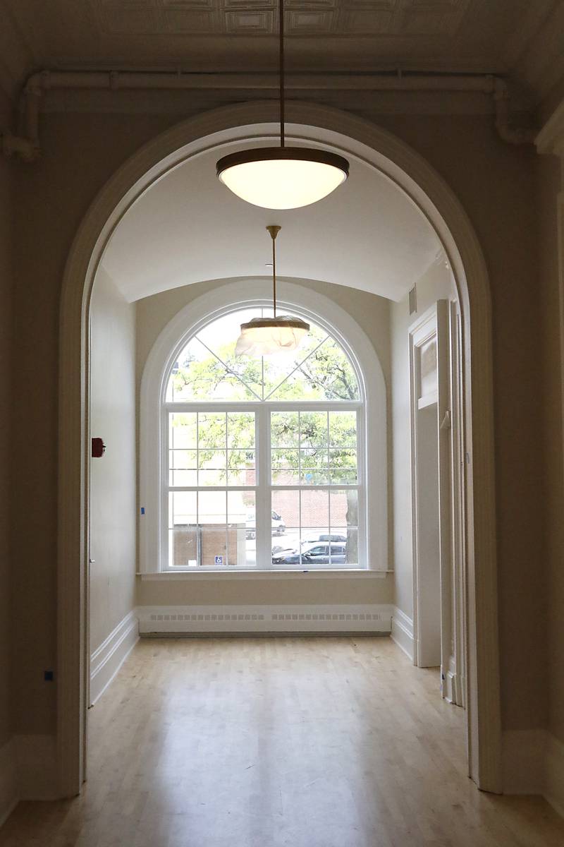 A restored windows opening in the newly remodeled Old Courthouse Center in Woodstock on Thursday, July 13, 2023, during a tour of the building.