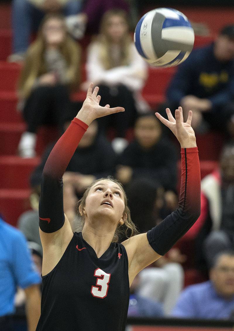 Sauk Valley’s Miraya Pessman sets the ball against Triton College Wednesday, Nov. 5, 2025, during the Regional IV tournament.