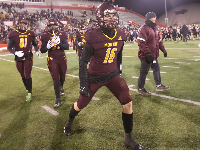 Montini Catholic's Brody Boyer reacts after winning  the Class 3A State football championship on Friday, Nov. 29, 2024 at Hancock Stadium in Normal.