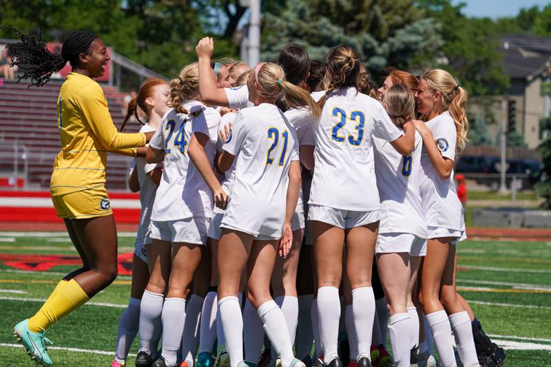 Lyons players storm the field in celebration after defeating York to win the Class 3A Hinsdale Central Sectional girls soccer championship at Hinsdale Central High School on Saturday, May 25, 2024.