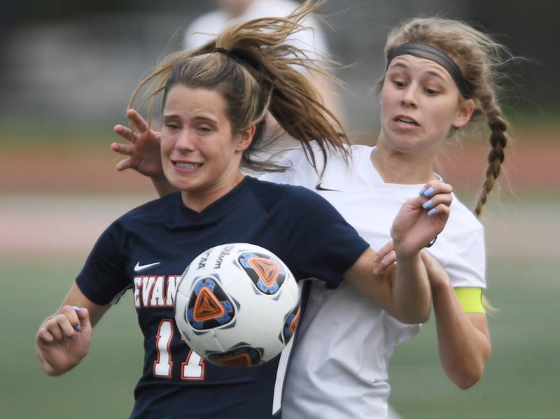 Lincoln-Way Central’s Christine Erdman and Evanston’s Lucinda Lindland in the Class 3A IHSA state girls soccer third-place game in Naperville on Saturday, June 4, 2022.