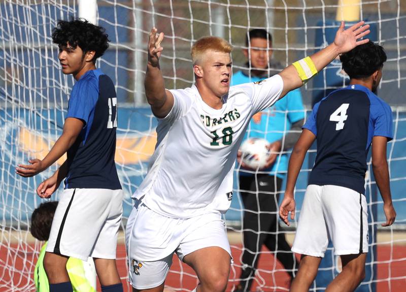 Coal City's Julian Micetich celebrates after scoring as Chicago Academy players look away Friday, Nov. 7, 2025, during their Class 1A state third place game at Hoffman Estates High School.