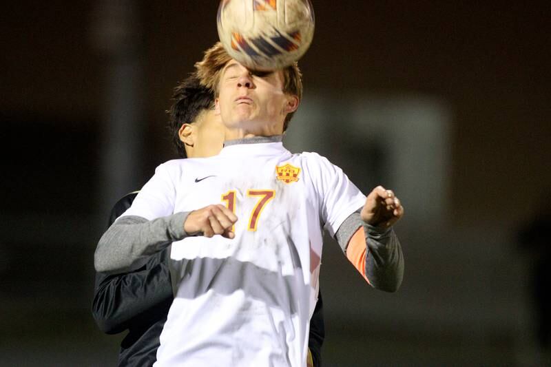 Richmond-Burton’s Joe Kyes corrals the ball against Harvard in varsity soccer on Monday, Oct. 7, 2024, at Dan Horne Field on the campus of Harvard High School in Harvard.