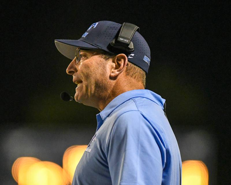 Downers Grove South’s head coach Mark Molinari looks on during the first half of the game on Friday Sep. 15, 2023, as they took on Willowbrook held at Downers Grove South.
