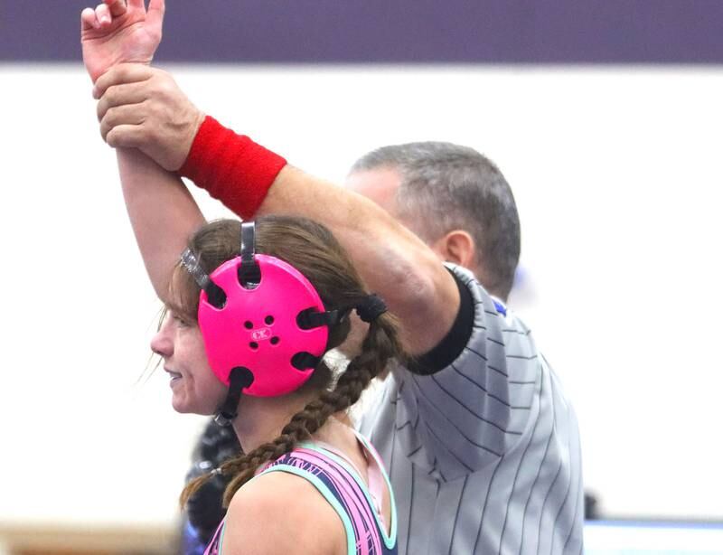 Woodstock’s Eva Hermansson wins against Kaneland’s Amdahy Torres at 105 pounds in Whip-Pur Women’s Classic varsity girls wrestling on Saturday, Dec. 20, 2025, at Hampshire High School in Hampshire.