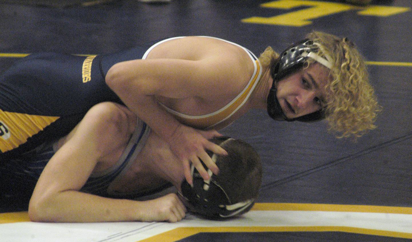 Sterling's Zyan Westbrook battles Newman's Zhyler Hansen in the 120-pound championship match. The action took place on Saturday, Dec. 2, 2023, at Sterling High School's 45th Annual Carson DeJarnatt Tournament.