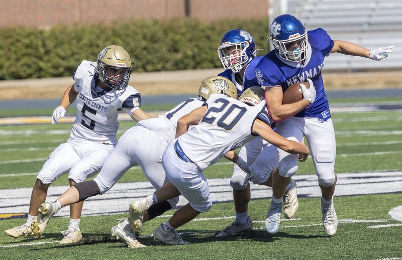 Newman’s Matthew Blackert runs back a punt for a TD against Mercer County Saturday, October 4, 2025.