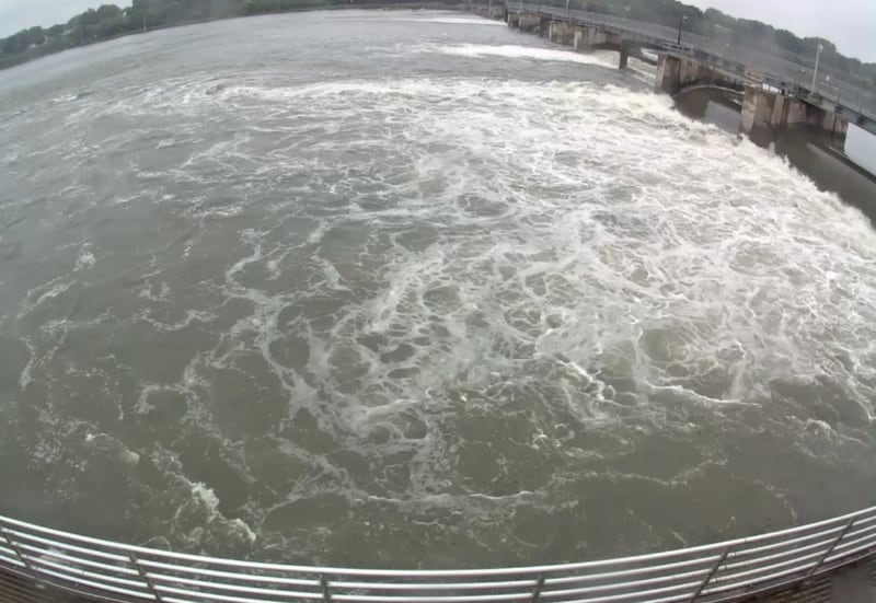A “mechanical failure” at the Upper Dam in Rock Falls has sent water levels above the dam plummeting and caused water levels below the dam to swell, as pictured here in this photo taken by a city worker on Monday, Sept. 11, 2023.