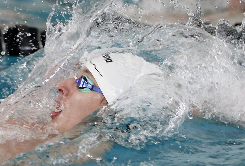 Cary-Grove’s Kasparas Venslauskas competes in the 200 IM during the Fox Valley Conference Invitational swim meet on Saturday,  Feb. 15, 2025, at Woodstock North High School.