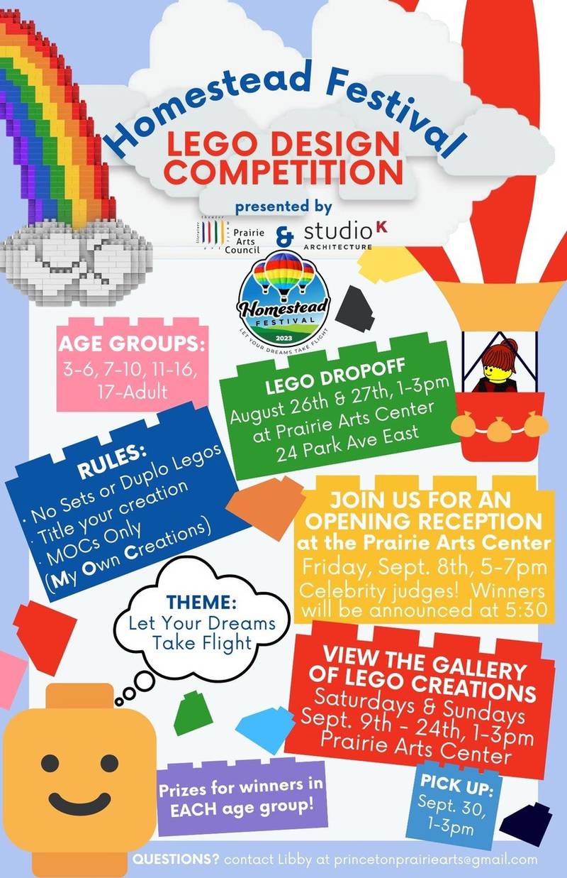 Homestead Festival will hold a Lego Design Competition, presented by Prairie Arts Council and Studio K Architecture, that will be on display starting Sept. 8.