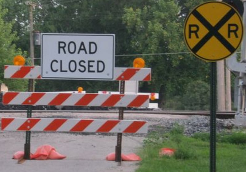 Road closed, railroad crossing signs