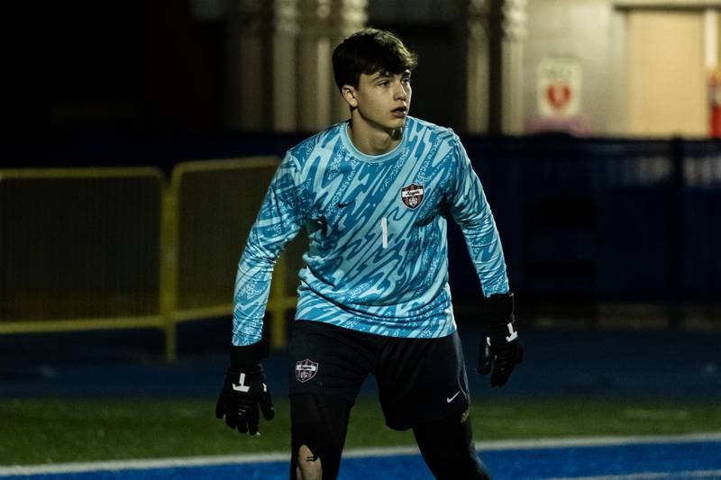 Lincoln-Way Central's Josh DeMik keeps his eyes on the action during a Class 3A Boys Soccer Super-Sectional game against St. Laurence at Lyons Township High School’s South Campus on Nov. 3, 2025.