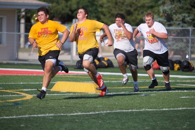 Batavia Varsity football runs conditioning during practice  on Wednesday, Aug.13,2025 in Batavia