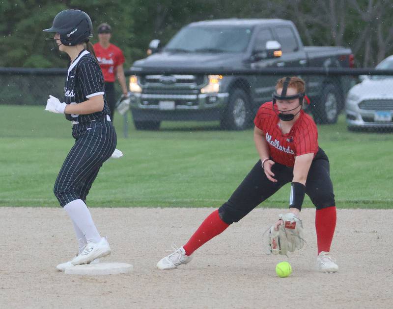 Woodland's Teagan Rich steals second base as Henry-Senachwine's Brynna Anderson drops the ball on Tuesday, May 12, 2026 at Woodland High School.