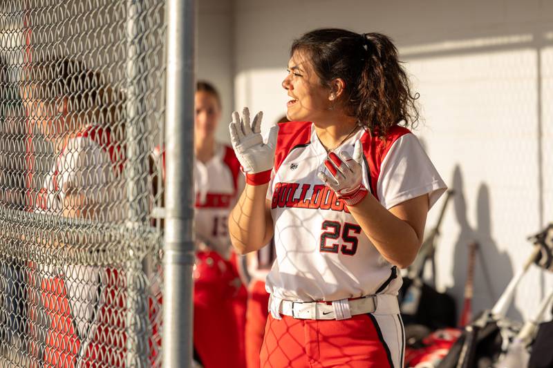 Alexis Thomas (25) of Streator cheers on teammate on Wednesday, April 16, 2025 at Streator High School in Streator.