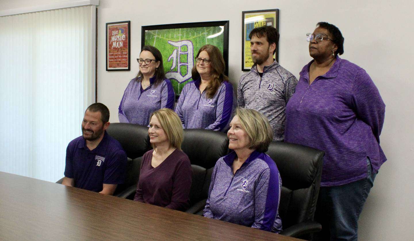 Dixon Public Schools' board of education poses for a photograph after swearing in new officers and filling a vacancy. Back row, from left: Vice President Rachel Cocar, Melissa Gates, Jon Wadsworth, Linda Leblanc-Parks; front row, Secretary Brandon Rogers, Kathleen Schaefer and President Linda Wegner.