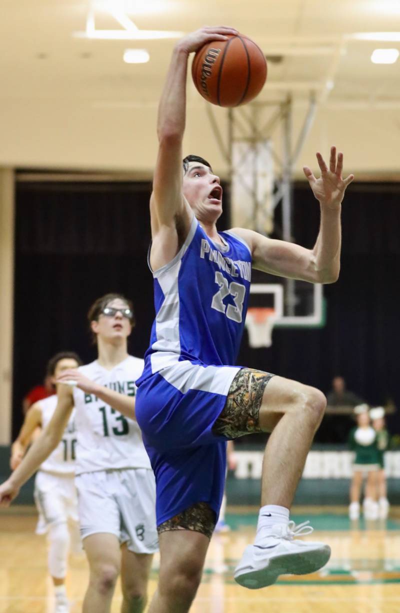 Princeton's Noah LaPorte drives  to the hoop Friday night at St. Bede. The Tigers won 81-46.