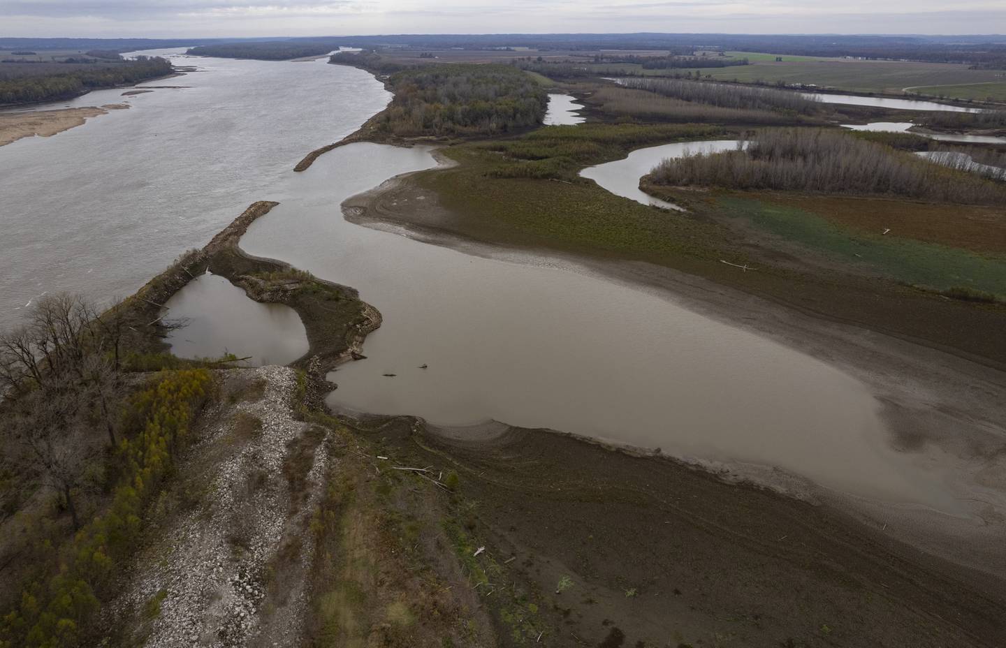 An aerial image from November shows the damage to the Len Small Levee in Alexander County, Illinois. Without the levee intact, water flows onto the farms it was meant to protect.