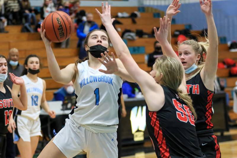 Willowbrook's Sophie Sullivan (1) puts up shot during basketball game between Maine South at Willowbrook. Jan 26, 2022.