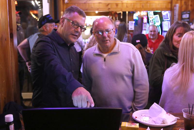 McHenry County Board Chairman Michael Buehler, left, and Coroner  Michael Rein watch election returns during a Republican watch party on Tuesday, Nov. 5, 2024, at Niko's Red Mill Tavern in Woodstock.
