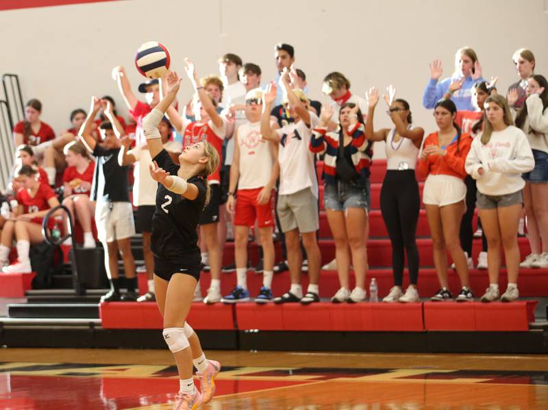 Hall's Evelyn Bryant serves the ball against Mendota on Tuesday, Sept. 13, 2024 at Hall High School.