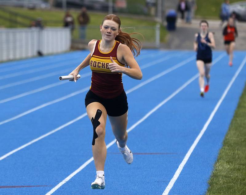 Richmond-Burton’s Emerson Wold runs the last leg of the 4X800 meter relay during the Kishwaukee River Conference Girls Track and Field Meet on Tuesday, May 5, 2025, at Woodstock High School.