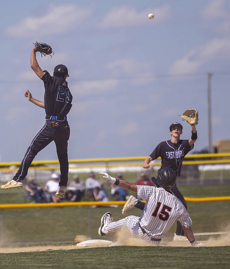 Fulton’s Dom Kramer steals second against East Dubuque Wednesday, May 22, 2024 in the Class A sectional semifinal in Forreston.