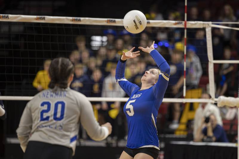 Newman’s Molly Olson sets the ball Friday, Nov. 11, 2022 in a class 1A volleyball semifinal against Aquin.