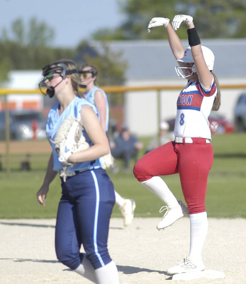 Morrison's Ava Duncan has some fun with her dugout after a double.Bureau Vally traveled to Morrison for a softball game on May 9, 2025.