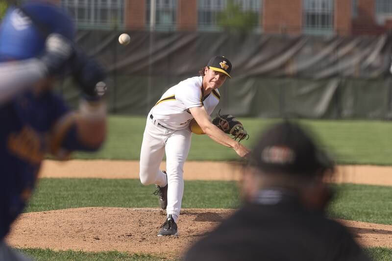 Joliet West’s Jimmy Anderson delivers a pitch against Joliet Central on Tuesday, May 9, 2023 in Joliet.