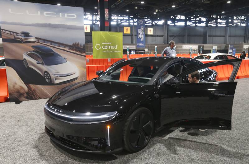 A view of an all-electric Lucid car on Thursday, Feb. 8, 2024 during the Chicago Auto Show in McCormick Place.