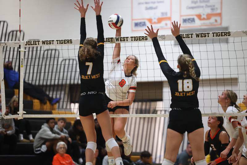 Minooka’s Makenna Petrovic hits a shot against Joliet West on Tuesday, Sept. 26, 2023 in Joliet.