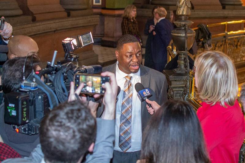 State Sen. Emil Jones III is pictured outside of the Illinois Senate in January 2020, speaking to supporters after supporting Sen. Don Harmon, D-Oak Park, for Senate president over Sen. Kimberly Lightford, of Maywood. (Capitol News Illinois photo by Jerry Nowicki)