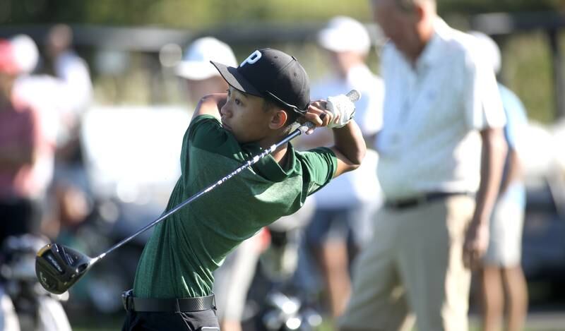 Waubonsie Valley’s Adam Torreon tees off during the Class 3A Plainfield North Boys Golf Sectional at Whitetail Ridge Golf Course in Yorkville on Monday, Oct. 2, 2023.
