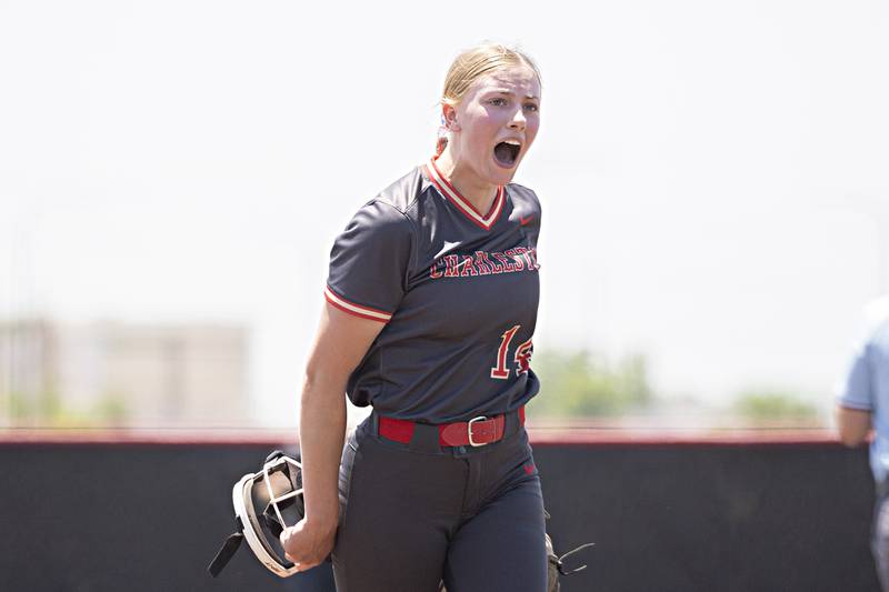 Charleston’s Addison Schrader celebrates a big strike out against Antioch Friday, June 9, 2023 in the class 3A state softball semifinal.