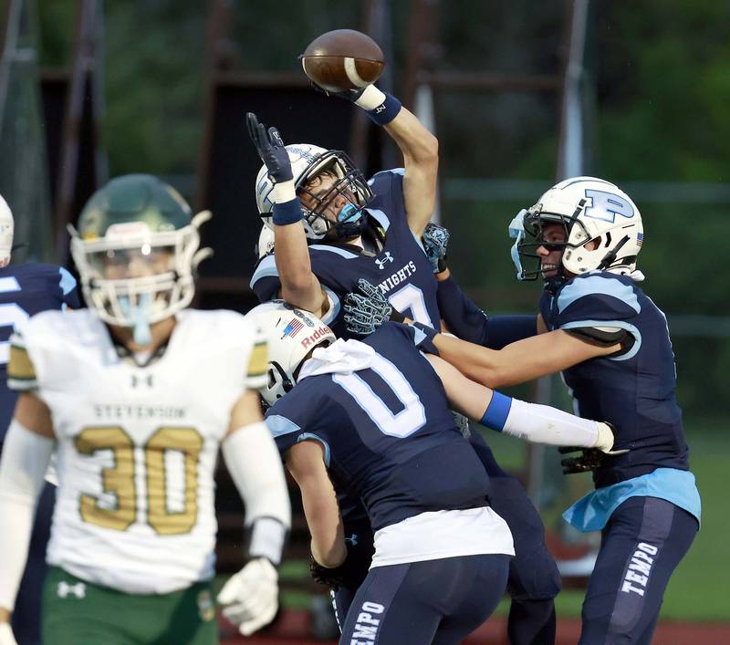 Prospect's Devin Gerdes (3) celebrates a touchdown against Stevenson Friday, Aug. 29, 2025 in Mt. Prospect.