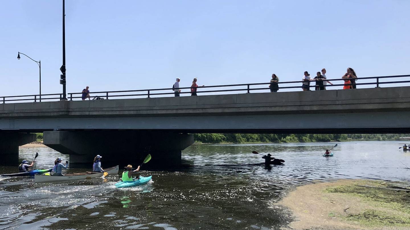 Racers paddle under the Illinois Bridge on the Fox River in Aurora, just short of the finish line in the Mid-American Canoe and Kayak Race on Saturday June 3, 2023.